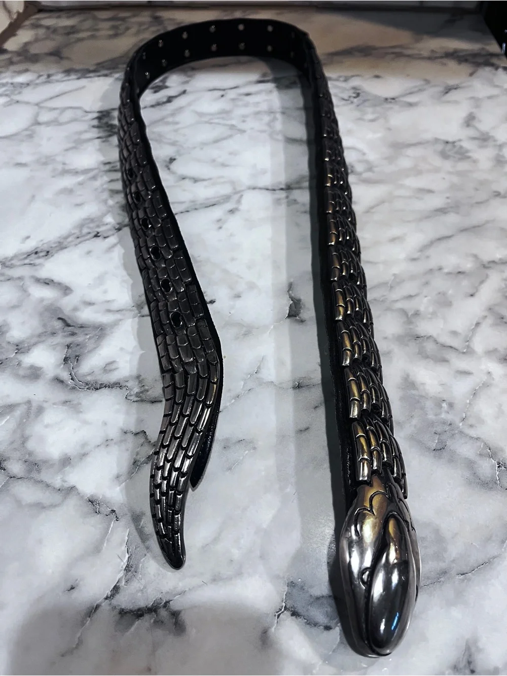 Vintage 1980s Bijoux Medici Articulated Metal Link Snake Belt Black Leather - Picture 8 of 9